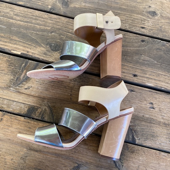 Sam Edelman Yelena Silver & Tan Leather Strappy Block Heels - Picture 3 of 14